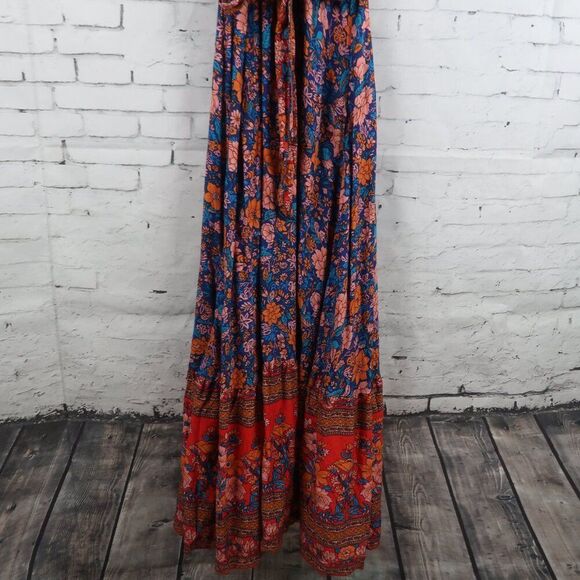 ORANGE PINK & BLUE FLORAL FLUTTER SLEEVE  V LIGHTWEIGHT NECK MAXI DRESS SIZE S - Picture 4 of 9